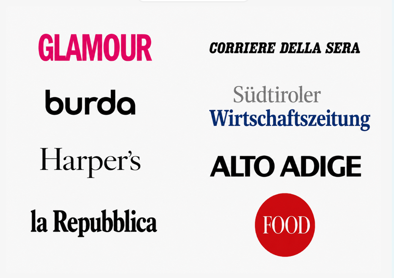 Loghi stampa: Glamour, Corriere della Sera, burda, Südtiroler Wirtschaftszeitung, Harper’s, Alto Adige, la Repubblica, FOOD