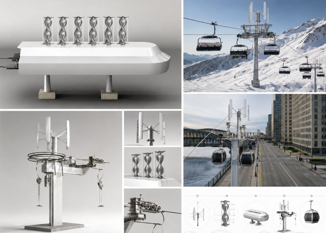 Collage Windcableways: turbine elicoidali, palo funiviario e applicazioni alpine e urbane