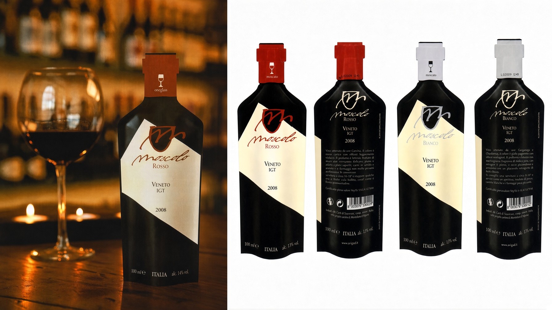 Oneglass Mascolo: pouch vino single-serve, rosso e bianco, 100 ml